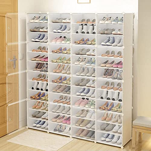 XUANIIIL Portable Shoe Rack Organizer with Door, 96 Pairs Shoe Storage Cabinet, Plastic Adjustable Box Shelves Stackable Detachable DIY Standing Shelf Rack (4 x 12-Tiers)