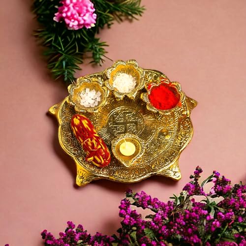 Image of KridayKraft Metal Pooja Thali with Diya for Pooja Home /Temple /Mandir,Decorative Showpiece Pooja Thali Set for Diwali Poojan Wedding Gift Article
