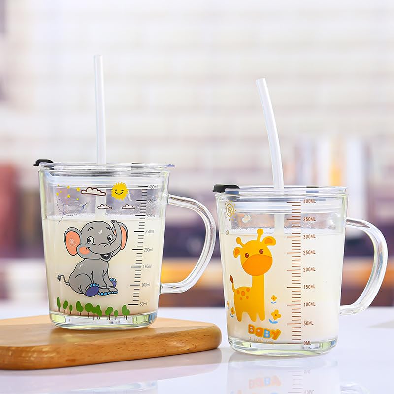 Avastro Cartoon Animal Glass Water Cup with Scale with Lid Simple Cute Milk Cups with Straw Breakfast Water Bottle Kids Drink Cup Children Cup Glass Coffee Mug (350 ml, Pack of 2)