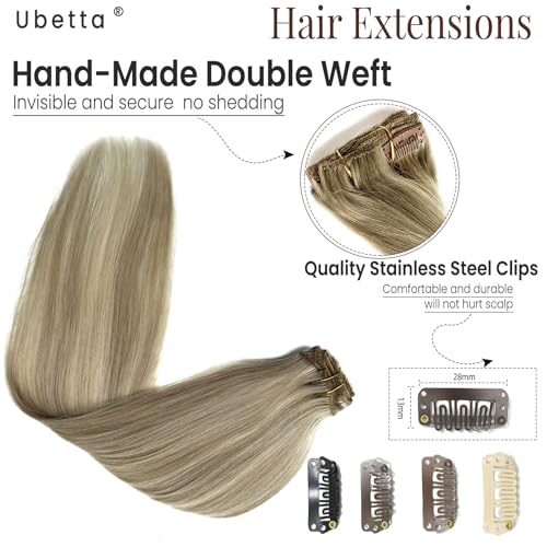 Image of Clip in Hair Extensions Real Human Hair, Ash Blonde Balayage Blonde Highlights Hair Extension Real Human Hair Clip ins 14 Inch 7pcs 70G Double Weft Hair Extensions Human Hair Clip in Extensions