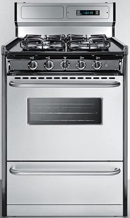 Summit Appliance TTM6307BKSW 24 Wide Gas Range in Stainless Steel with Sealed Burners, High Backguard, Clock/Timer, Oven Window, Towel Bar Handles and Electronic Ignition