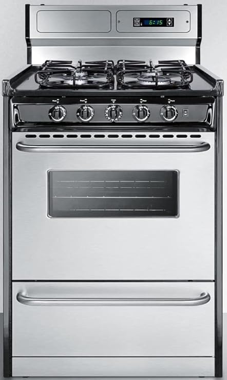 Summit Appliance TTM6307BKSW 24 Wide Gas Range in Stainless Steel with Sealed Burners, High Backguard, Clock/Timer, Oven Window, Towel Bar Handles and Electronic Ignition