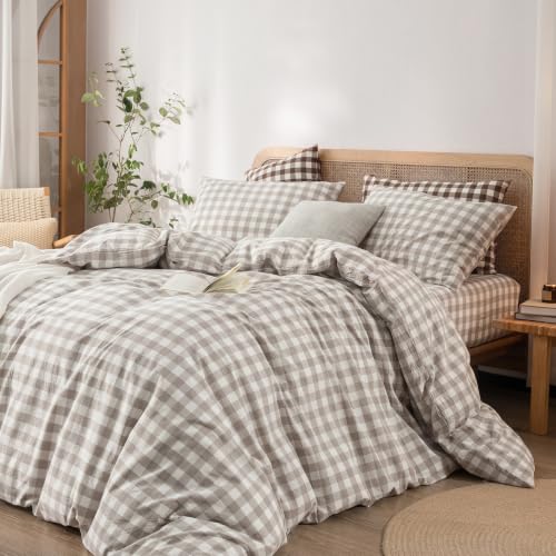 Image of BESTOUCH Gingham Cotton Duvet Cover Set Linen Grey Queen | Washed Cotton, Linen Feel, Soft Wrinkle Texture, Hidden Zipper, 8 Ties, Breathable Lightweight Durable Comfy, 3 Pcs No Insert