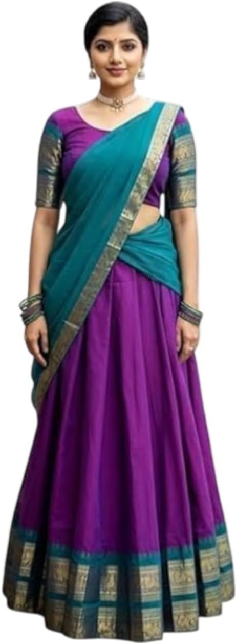 South Indian Half Saree Lehenga Choli Set, Golden Border, Traditional Indian Ethnic Wear