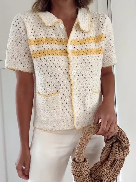 Image of Yousify Womens Casual Summer Short Sleeve Sweaters Button Down Crochet Knit Tops 2026 Loose Cute Cardigan Sweater