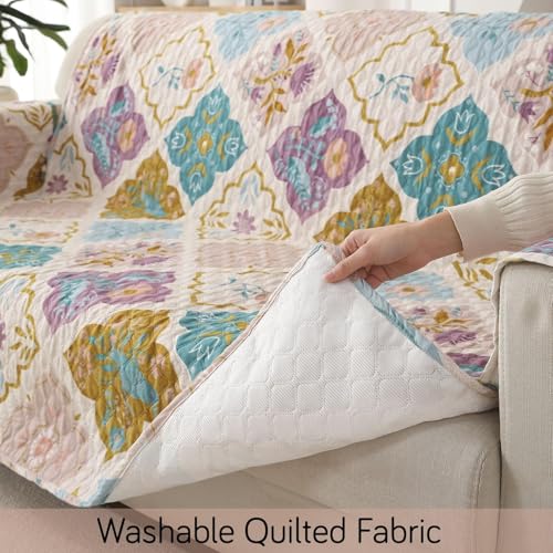 Image of HOKIPO 'VivaCasa Series' Polyester 2 Seater Quilted Sofa Cover with Pockets, Quatrefoil Multicolor (NEW-IN-739-D5)