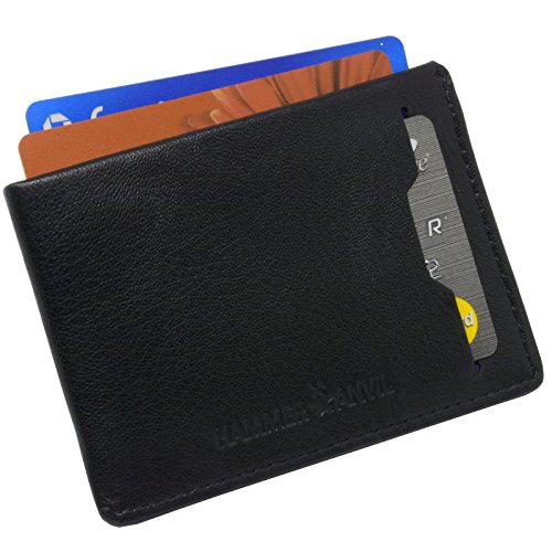 HAMMER ANVIL Mens Minimalist Front Pocket Wallet RFID Safe Leather Easy Pull Tab Black
