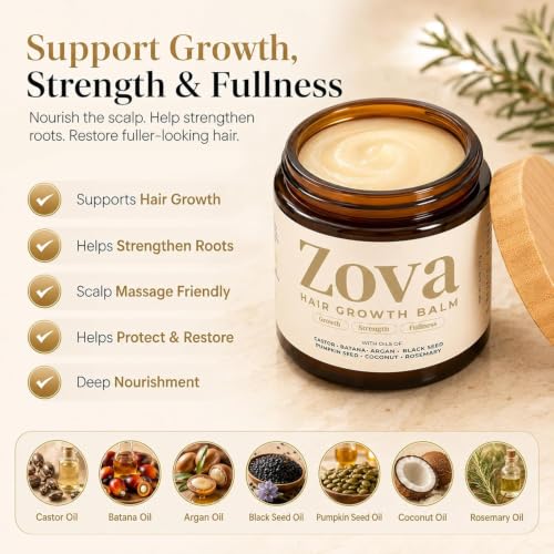 Image of Zova Hair Growth Balm with Batana, Castor, Argan & Rosemary Oil | 7 Oil Blend | Deep Scalp Nourishing & Moisturizing Hair Treatment | Supports Thicker, Stronger & Healthier Looking Hair | For Men & Women 100gm