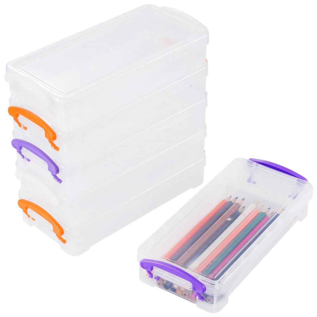 6er Pack große Stifteboxen, transparente Kunststoff Stiftebox, stapelbare Stiftebox mit Schnappdeckel, Aufbewahrungsbox für Bürobedarf für Gelschreiber, Radierer, Klebeband, Stifte und Marker