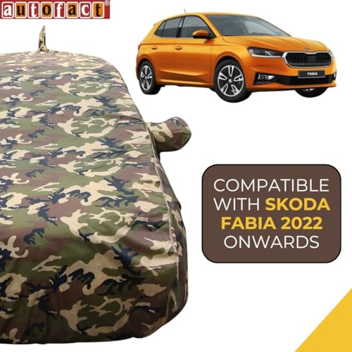 Image of Autofact 100% Waterproof Car Body Cover Compatible with Skoda Fabia (2022 to 2023), with Mirror and Antenna Pockets,4 x 4 American Matty, Long Lasting Durable Material, Camouflage Army Look