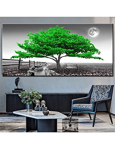 Kit complet de broderie diamant 5D motif lune et arbre vert grand format 60x180cm