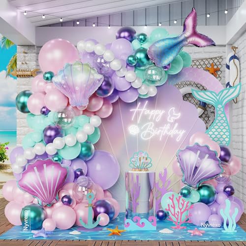 145Pcs Mermaid Balloon Arch Garland Kit Pink Purple Green Balloons for Mermaid Baby Shower Birthday Party Under The Sea Summer Beach Decorations