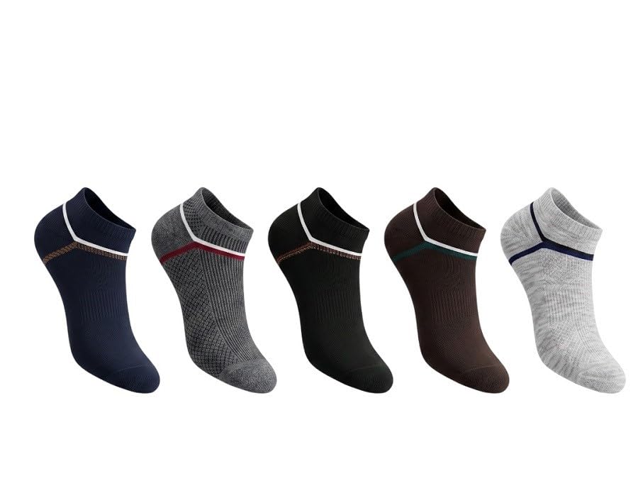 Pack of 5 Men's Ankle Length Textured Cotton Socks | Low Cut Breathable Sports Socks with Contrast Stripe | Gym, Office, Casual Wear - Navy, Grey, Black, Brown-image-16