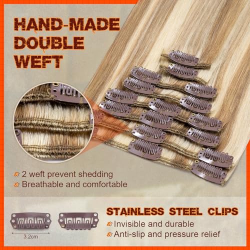 Image of Benehair Clip in Hair Extensions Real Human Hair, Long Straight Hair Extensions Clip in Human Hair for Women, 100% Remy Natural, Full Head 8pcs 16inch #12P613 Golden Brown Mix Bleach Blonde