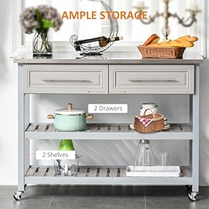 HOMCOM Kitchen Island Rolling Utility Trolley Cart with 2 Drawers Stainless Steel Top Grey