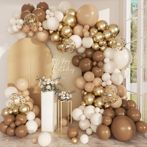 Brown Balloon Arch Kit 168 Pcs Netural Balloon Garland 18 12 10 Inch Confetti Gold Latex Metallic Chrome Brown Nude Balloons for Bear Baby Shower Neutral Birthday Party Safari Decorations
