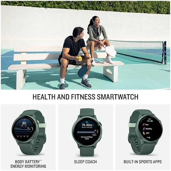 Garmin Vivoactive 6 - Health & Fitness Smartwatch, 1.2 in Bright AMOLED, GPS Sports Tracking, Up to 11 Days of Battery, Metallic Jasper Green & Jasper Green Band w White Earbuds Bundle