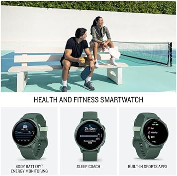 Garmin Vivoactive 6 - Health & Fitness Smartwatch, 1.2 in Bright AMOLED, GPS Sports Tracking, Up to 11 Days of Battery, Metallic Jasper Green & Jasper Green Band w White Earbuds Bundle