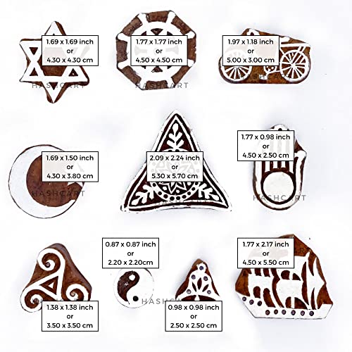 Image of Set of 10 | Handmade Wooden Multi Shape Wooden Block Stamps Tattoo Handcarved Indian Textile Printing Blocks for Crafting on Fabric, Card, Pottery, Clay & Henna