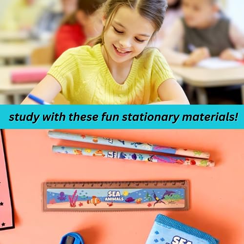 Image of Fancy Stationary Set Sea Animals Design For Kids Children Back To School Office Supplies Perfect Gifts - Blue (2*Fancy Pencils + 1*sharpener+1*Eraser+1*Ruler+1*Wallet)