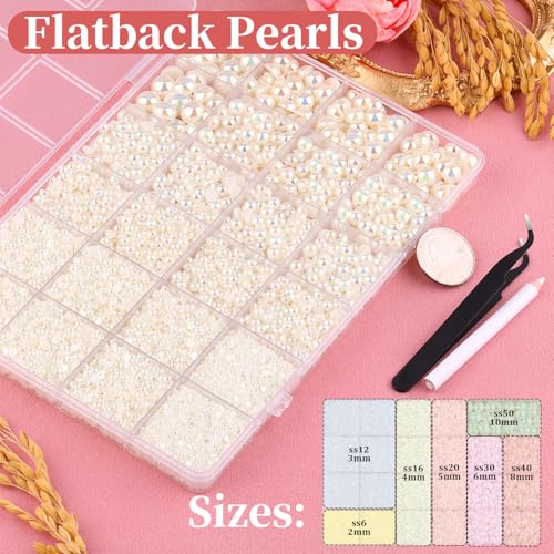 Image of 13000Pcs Flatback Pearls for Crafting (Beige AB), Assorted Size 2 /3 /4 /5 /6 /8 /10mm Non Hotfix Half Pearl, Bedazzling Bead for DIY Crafts Clothing Tumblers Mugs Shoes Fabric Embellishment Nail Art Makeup