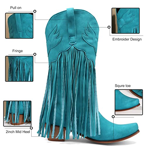 Meefit Women Fringe Cowboy Boots Square Toe Mid Calf Embroidered Western Boots,Tassel Cowgirl Boots Stacked Heel Retro Boots3