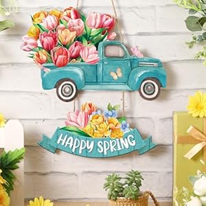 Barydat Spring Door Sign Tulip Gnome Wreath for Front Door Wreath Truck Gnome Welcome Hanger Wooded Hanging Wall Sign for Home Summer(Truck) Barydat Spring Door Sign Tulip Gnome Wreath for Front Door Wreath Truck Gnome Welcome Hanger Wooded Hanging Wall Sign for Home SummerTruck