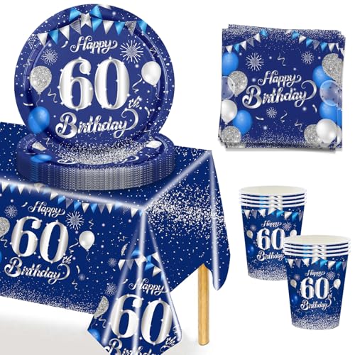MORAINJAY 53 Pezzi Set Stoviglie Compleanno Blu Argento per 60°, 60 Anni Stoviglie per Feste Include Tovaglioli,Piatti,Tovaglia,Uomo Donna Decorazioni Festa Compleanno -16 Ospiti