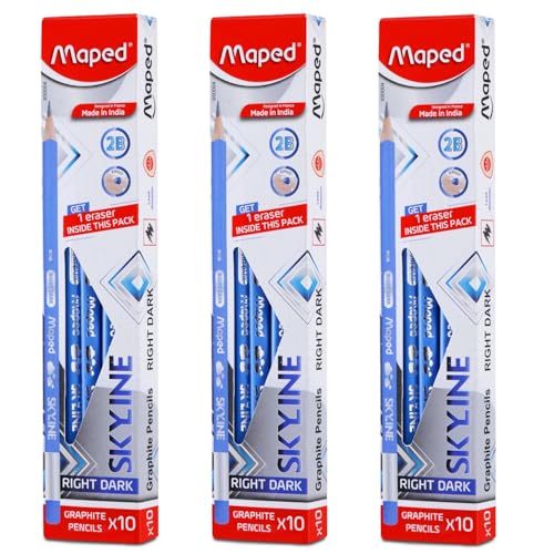 Image of Maped Skyline Pencils with Free Eraser X 3pack|Writing & sketching Pencils|2B Graphite -30Pcs|Strong and Right Dark writing|Triangular Shape for Easy Grip| Fine Wood pencils|Ideal for School & Office