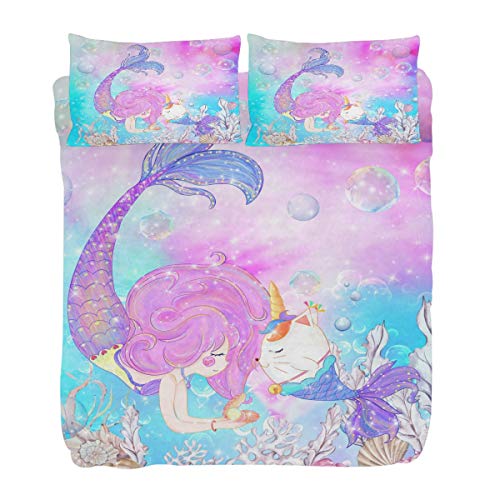 ZOEO-Girls-Mermaid-Twin-Bedding-Set-Pink-Blue-Unicorn-Magic-Cat-Bed-Sheets-Sets-Cartoon-Bedspreads-Cute-Duvet-Cover-Set-3-Pieces-for-Teens 519VBOW2TqL