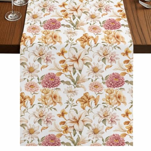 Spring Flowers Table Runner 72 Inch Long Dresser Scarves Linen