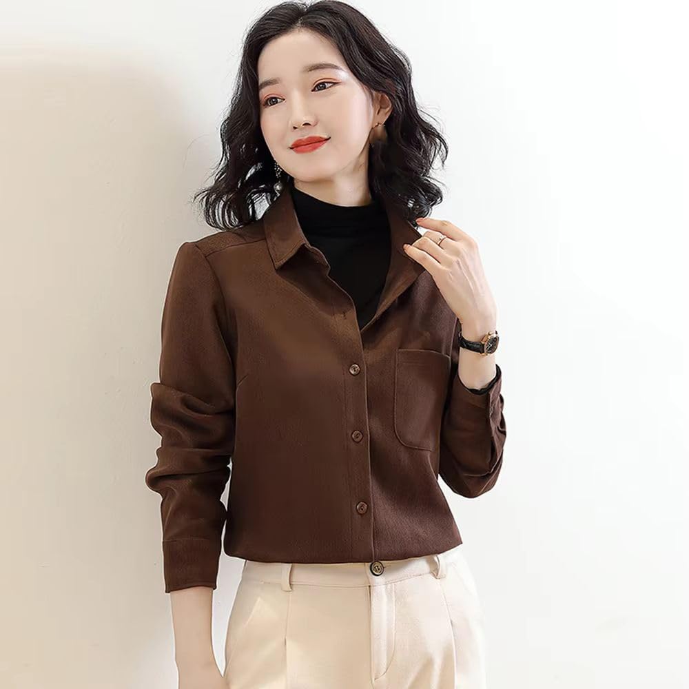 Camisa elegante de satén liso para mujer, de manga larga, vintage, para oficina, trabajo, blusa blanca, ropa formal