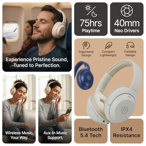 Image of pTron Studio Classic w / 75Hrs Playtime, Wireless Over Ear Headphones w /HD Mic, Dual Device Pairing, TruTalk AI-ENC Calls, Low-Latency Game & Music, Deep Bass, BT5.4 & Type-C Charging (Beige)