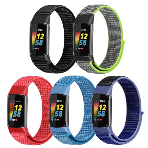WNIPH Nylon Loop Watch Bands Compatible with Fitbit Charge 6/Charge 5 Bands, 5 Pack Adjustable Soft Breathable Sport Loop Wristband Replacement Straps for Charge 5/Charge 6 Women Men
