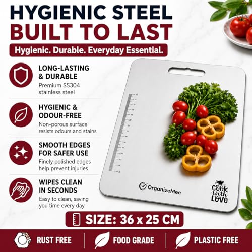 Image of OrganizeMee Stainless Steel Cutting Chopping Board Fruit, Vegetable Kitchen Chopping, Stand Wall Mounted Hanger, (Large /36X25 Cm)