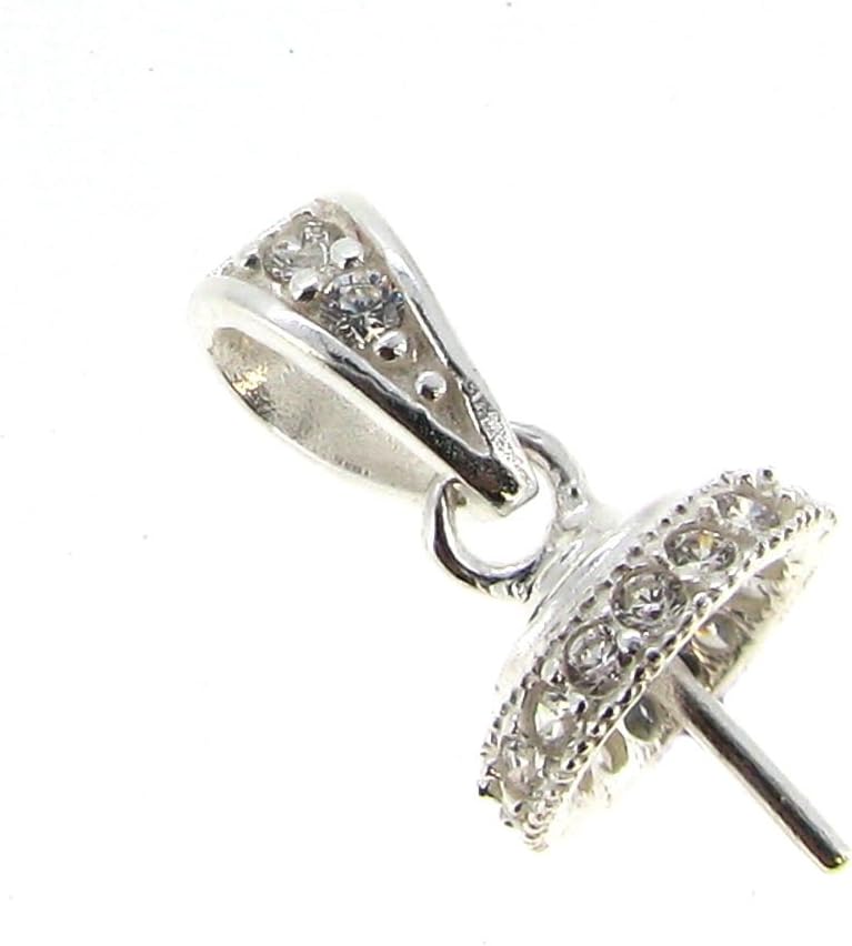 1 pc 925 Sterling Silver Cz Crystal Bail Pin with 8mm Cup Half Drilled Pearl Pendant Connector