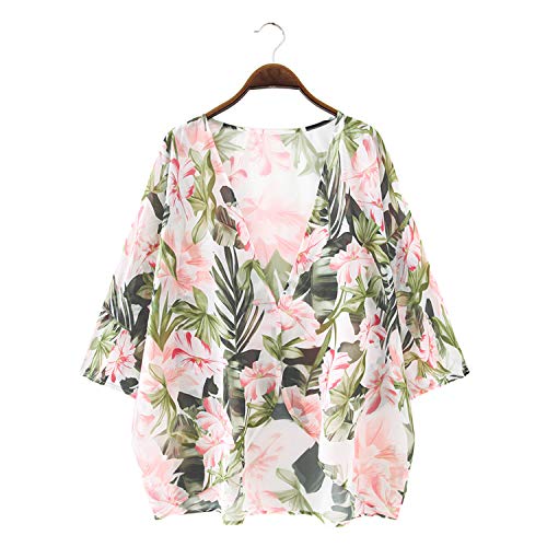Chunoy Women Floral Printed Shirt Kimono Summer Short Sleeve Shawl Chiffon Lightweight Cardigan Blouse Top Medium #TOP3