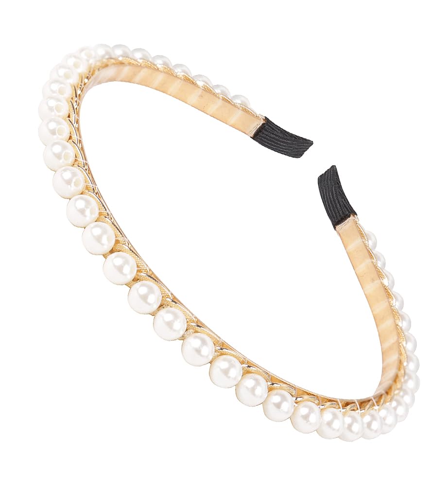 YARN & INK Women's White Big Pearls Line Headbands Non Slip, Fashion Handmade Beaded Hair Accessories Vintage Headband for Women Girls (Big Pearls Line) image 2