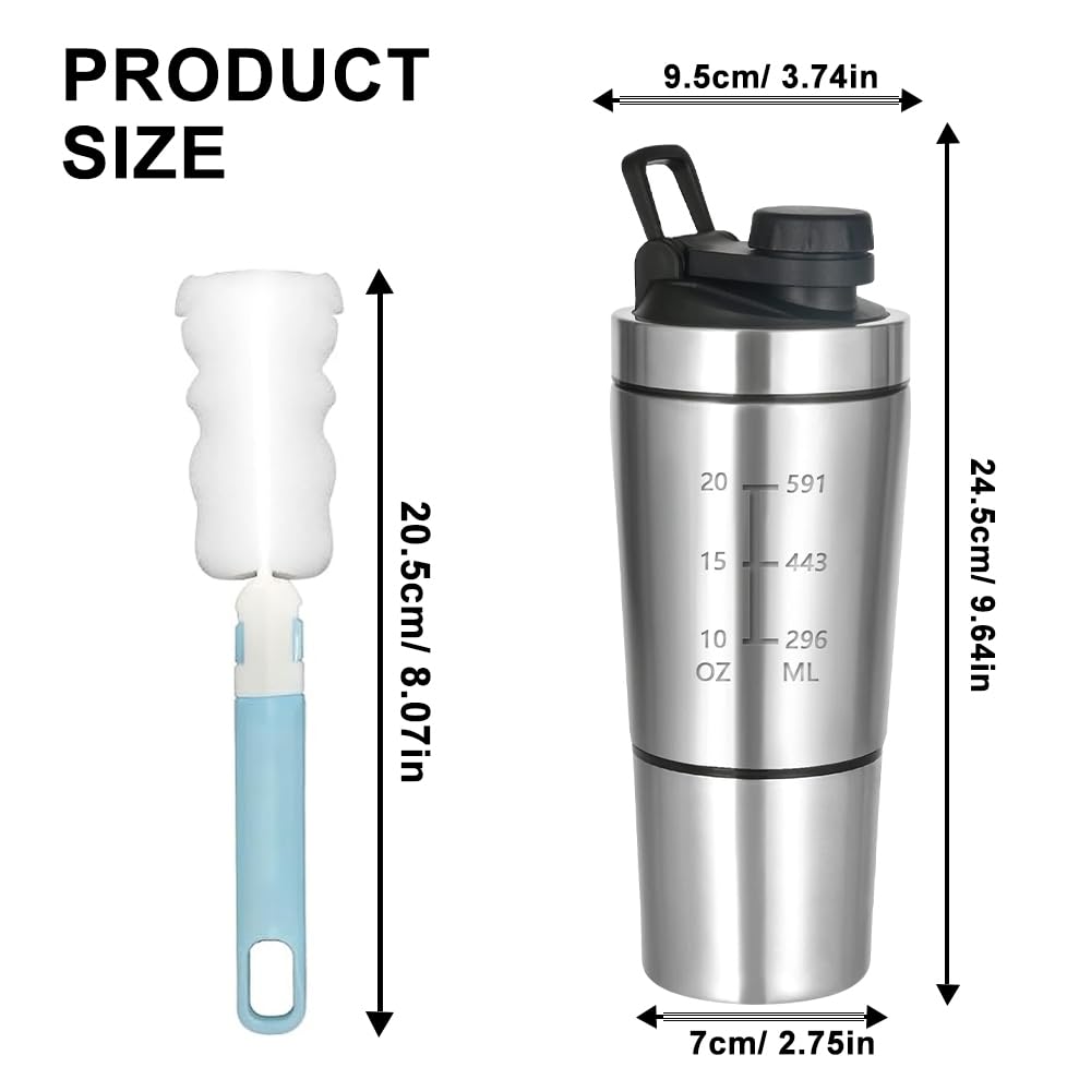 Shaker per Proteine in Acciaio Inox, 600+200ML Shaker per Proteine Fitness con Scomparto per Polveri, Senza BPA, per Palestra, Allenamento, Fitness, Sport