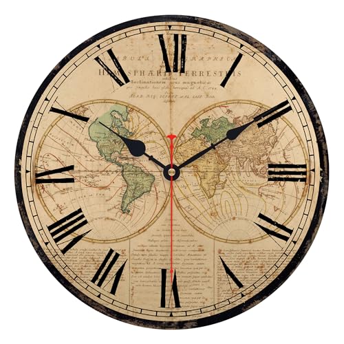 TAHEAT Mappa del mondo Orologio da parete, Grande Classico In legno Orologi, Silenzioso Non ticchettio Facile Da Leggere per Casa/Ufficio/Scuola, 34 cm