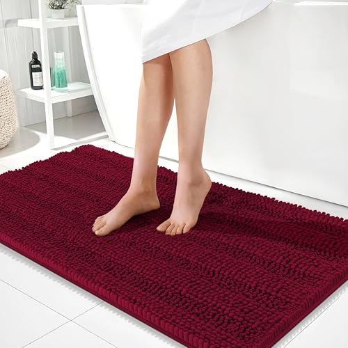 Image of OLANLY Thick Bathroom Runner Rugs 44x24, Extra Absorbent Chenille Striped Bath Rugs, Rubber Backing, Machine Wash Dry, Long Bath Mats for Bathroom, Tub and Shower, Home Decor Accessories, Burgundy