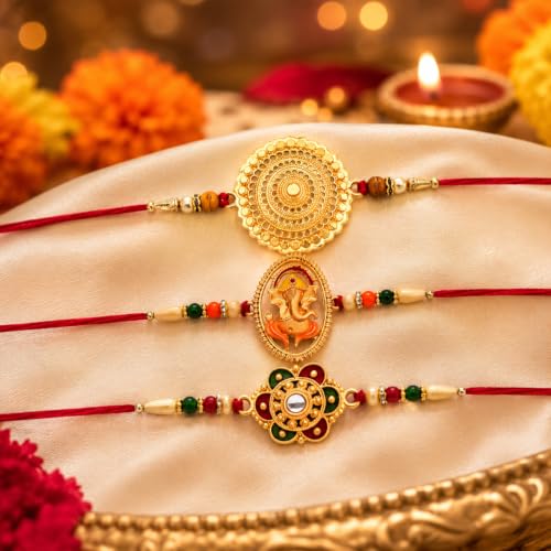 Image of Periapt Fancy Rakhi Set With Multicolor Floral Designs Pack Of 3 Designer Rakhis For Brothers Best Combo For Brothers Attractive Rakhi Set Of 3 - Perfect For Siblings Roli Chawal & Greeting Card