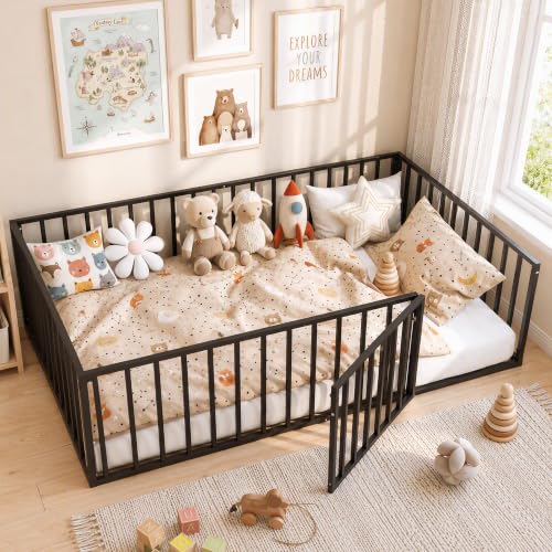Cyranture Twin Toddler Floor Bed,Metal Montessori Bed for Kids,Black