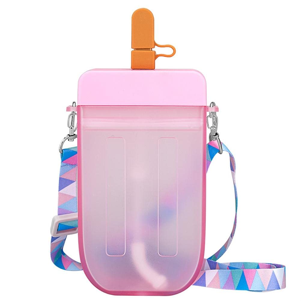 Leakproof Popsicle Water Bottle for Kids Adults, 300ml Reusable Sports Bottle with Straw & Lanyard, BPA Free Plastic Drinking Cup for School, Travel, Outdoor Activities, Purple