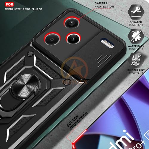 Image of Armor Bumper Back Cover Case for Redmi Note 13 Pro Plus 5G Rotating Camera Cover, Ring Holder & Kickstand | Heavy Duty & 360 Degree Protection Redmi Note 13 Pro Plus 5G Back Cover (Black)