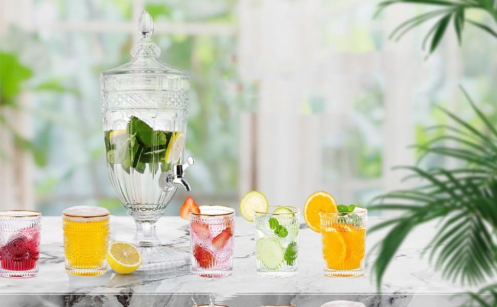 Image of Premium Water and Juice Glasses and Beverage Dispenser Set Combo [6 Piece Glass 280ML & 1 Piece Drink Dispenser 2.8 Liter] for Dining Table,Home & Restaurant,Party (MTS - 28)