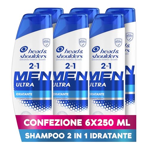 Head & Shoulders Men Ultra Idratante 2 in 1 Shampoo e Balsamo Antiforfora 6x250ml per Uso Quotidiano. Combatte Forfora, Prurito, Secchezza e Capelli Grassi. Con Minerali Marini. Sensazione Di Pulizia