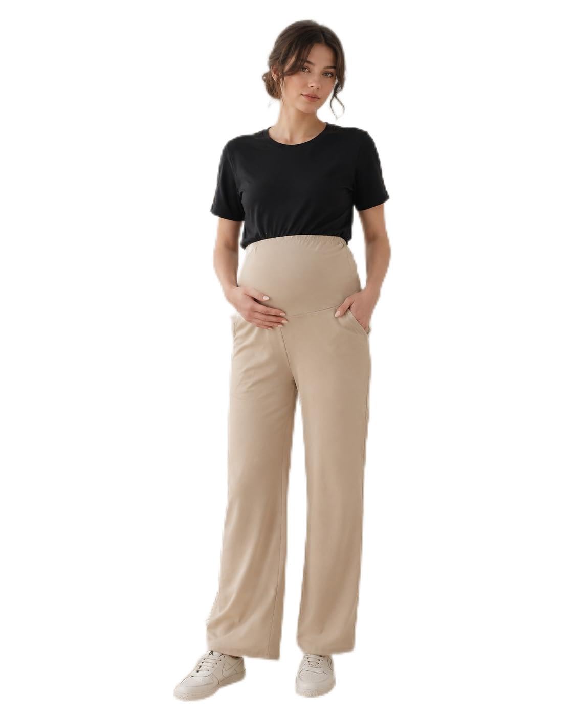 Women's Maternity Track Pants | Soft Cotton Pregnancy Pants with Over Belly Support | Stretchable Full Length Maternity Bottom Wear | Beige-image-25