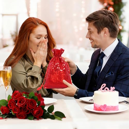 SquarePie 6Pcs Valentine's Day Red Sequin Drawstring Gift Bags Assorted Sizes 8x12/6x9/5x7 Glitter Goodie Bags for Birthday Christmas — view 3