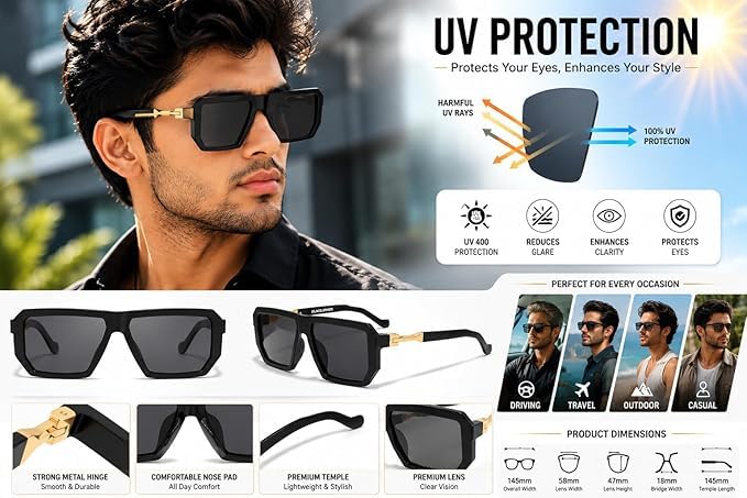 Image of Black Jones Men's Oversized Square Sunglasses| Bold Frame Design | Metal Temple Accents | Stylish Luxury Eyewear | UV Protection